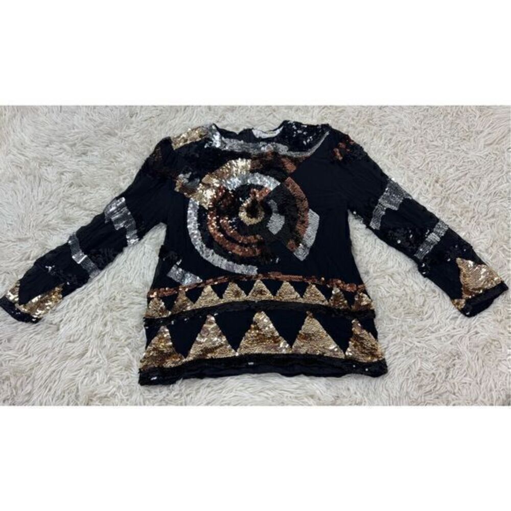 Gold, Silver, Brown & Black Beaded Silk Blouse size Medium by Oleg Cassini